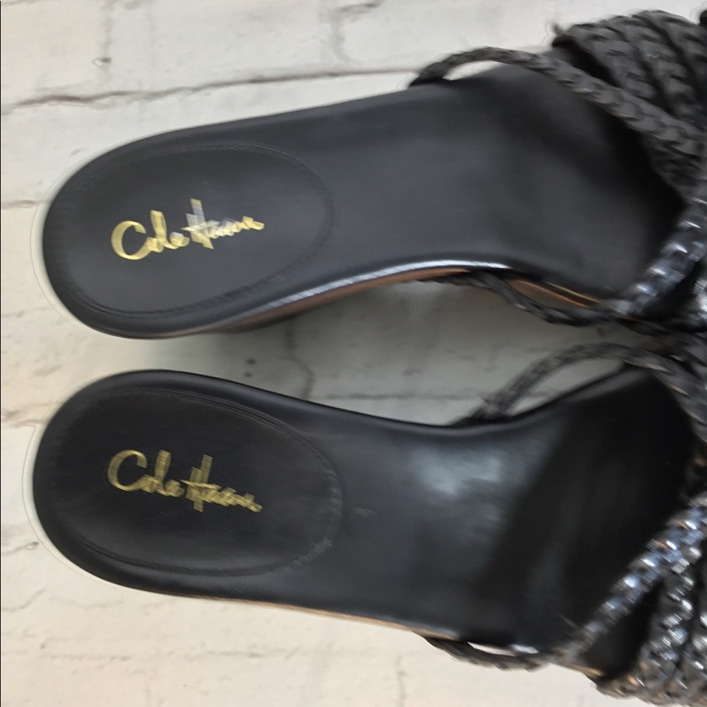 Cole Haan Braided Black Leather Wedge Sandals EUC 8.5 NARROW - Picture 4 of 11